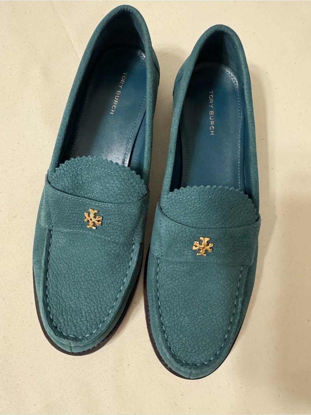 Tory Burch Teal Pebbled Leather Penny Loafers with Gold Logo